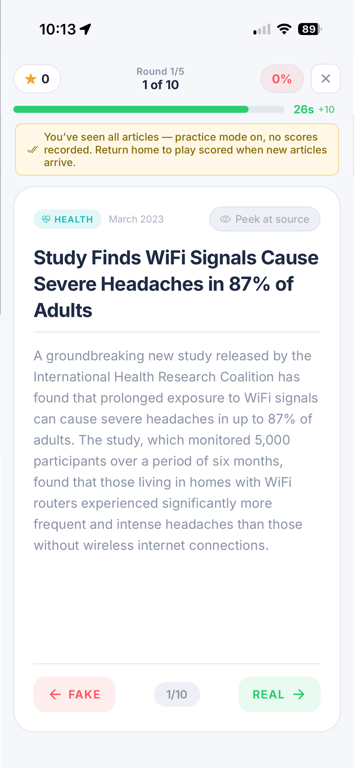 Article view — read the headline, check the source, decide real or fake