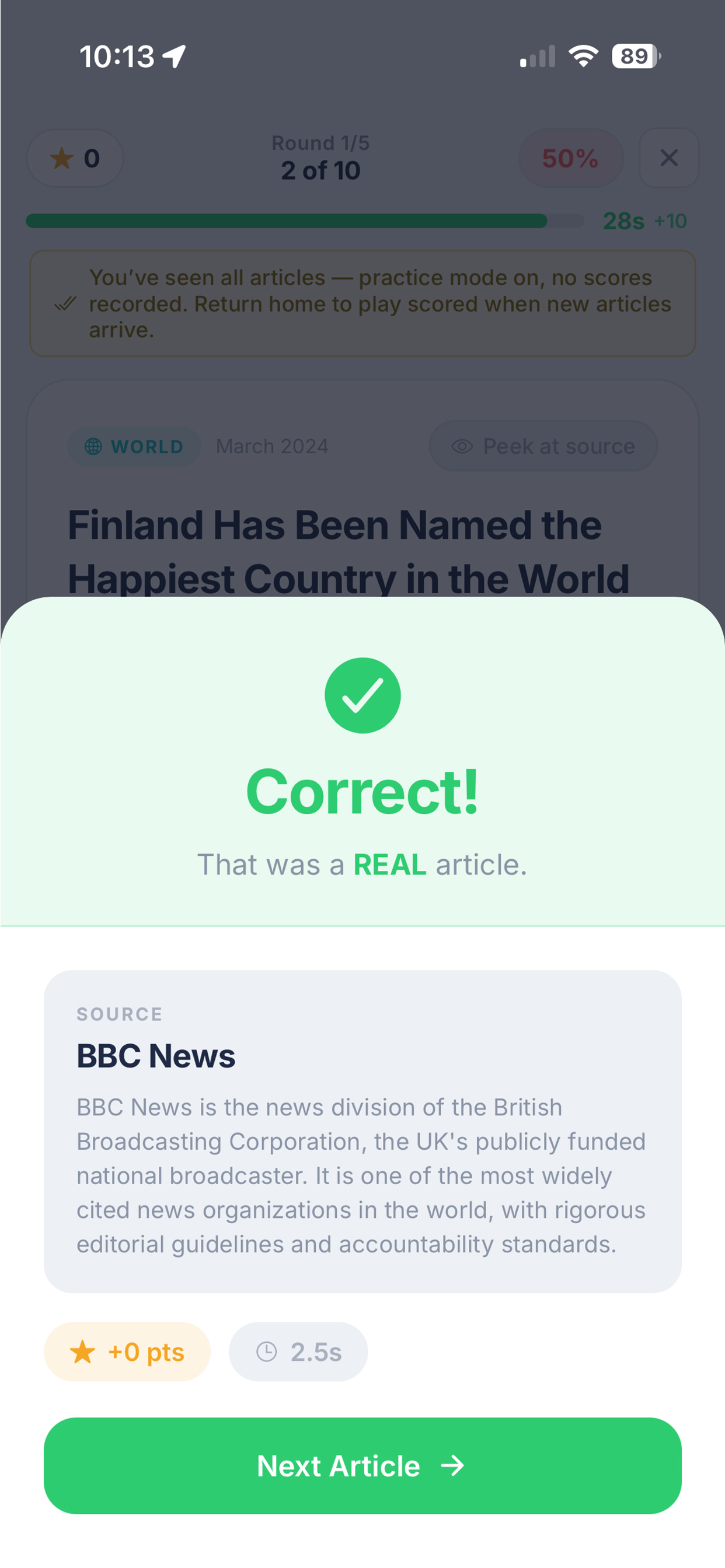 Correct answer feedback — learn whether you got it right and why