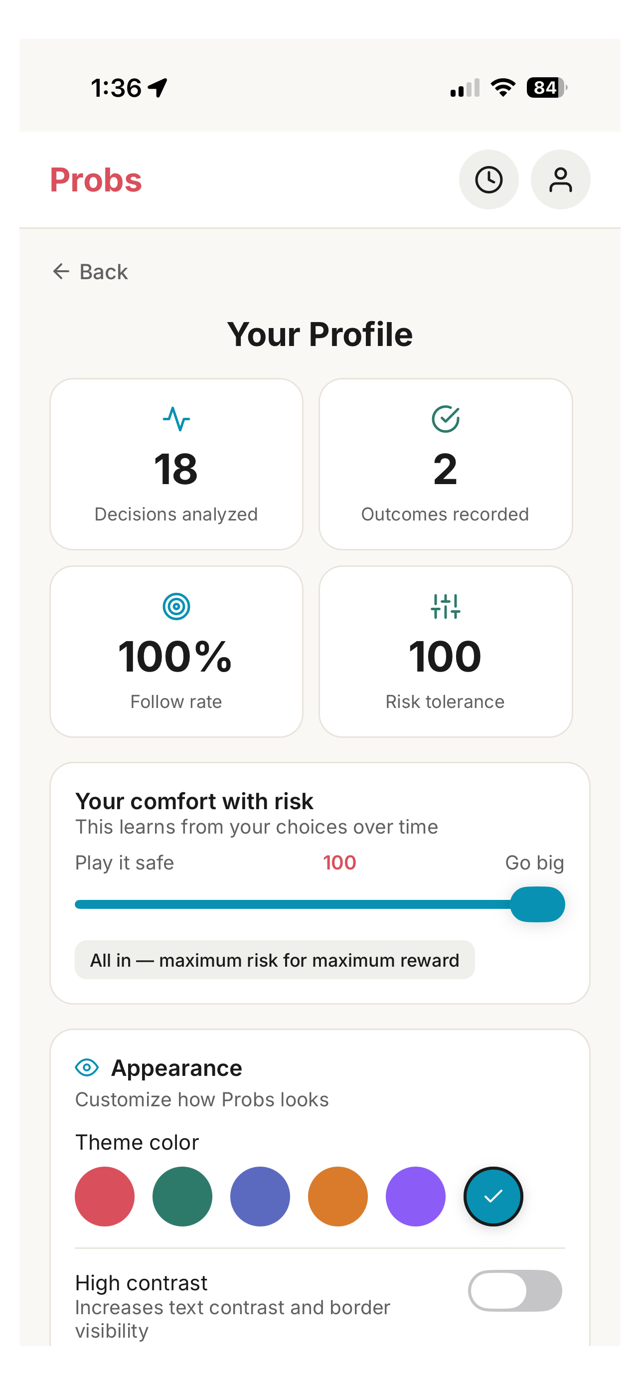 User profile and settings