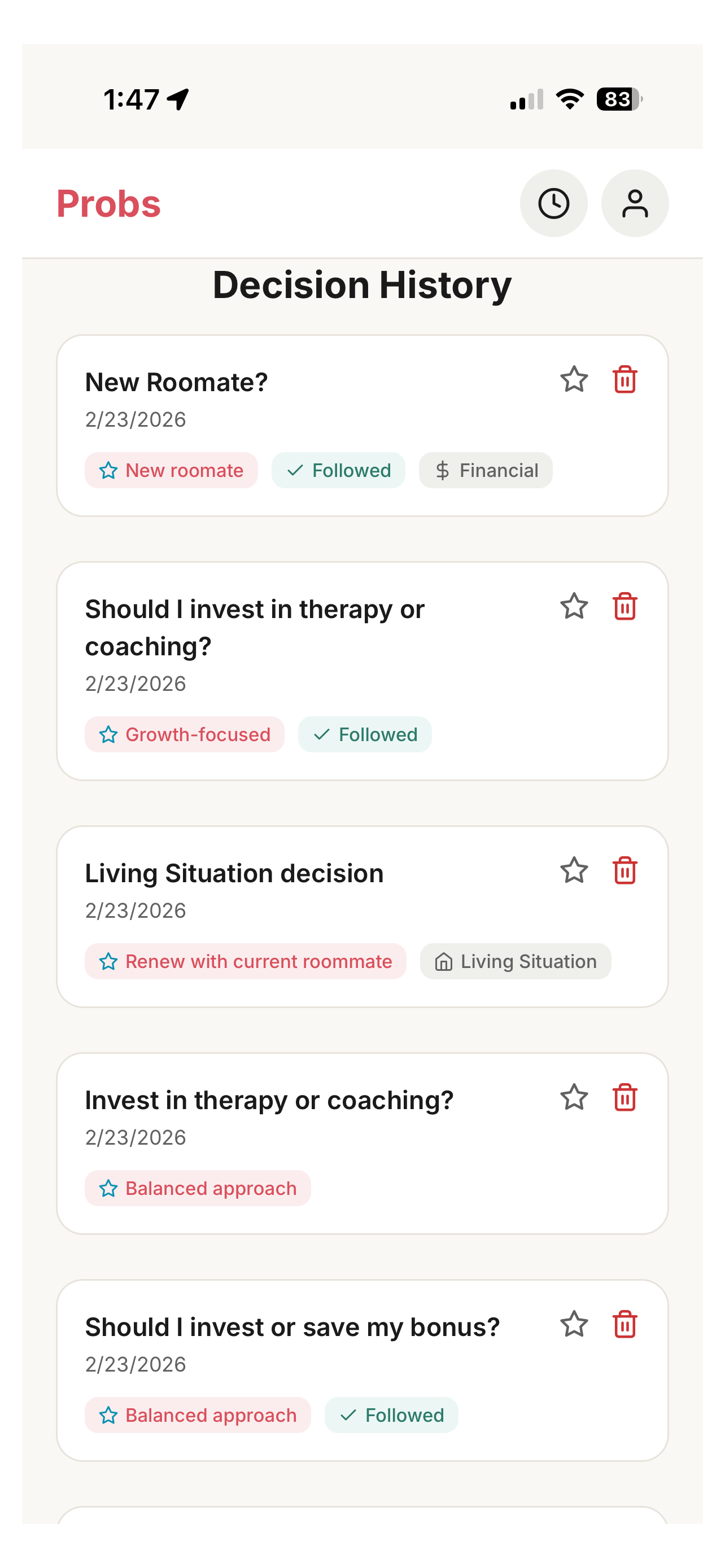 Decision history list